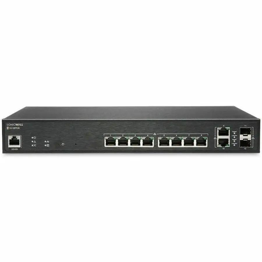 SonicWall SWS1210FPOE 12-port PoE managed switch, black metal chassis with 12 Ethernet ports and two uplink ports