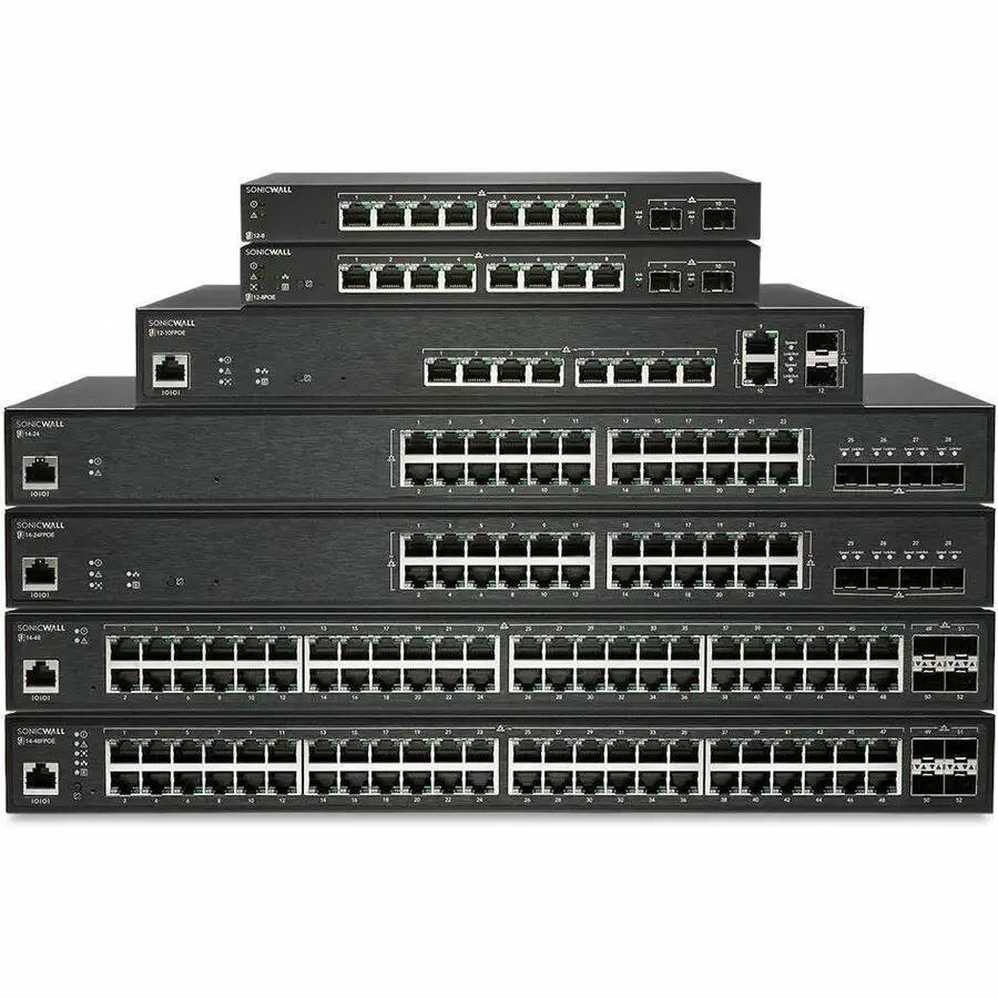 SonicWall SWS1210FPOE 12-port PoE managed switch; stack of black network switches