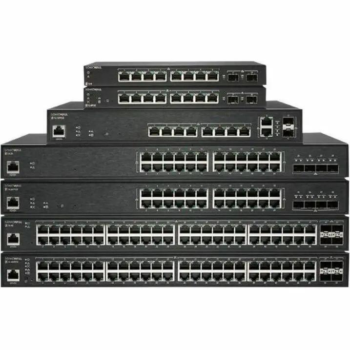 SonicWall SWS1448FPOE 48-Port PoE Switch; six-unit black metal rack-mount stack for enterprise networks.