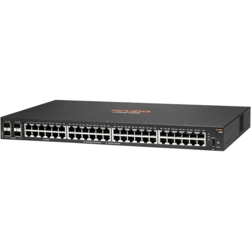 Aruba CX 6100 48-port RJ-45 Gigabit switch with 4 SFP+ uplinks; black metal chassis, front panel ports.