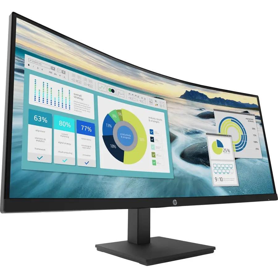 HP P34HC G4 34-inch curved ultrawide monitor on a black stand.