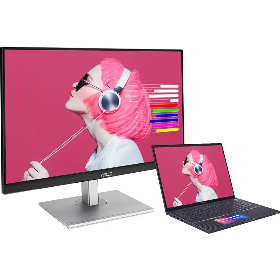 ASUS ProArt PA278CV 27-inch WQHD IPS monitor on a silver stand, shown with a laptop