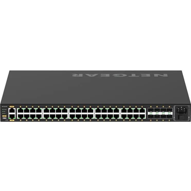 NETGEAR AV Line M4250 40G PoE+ switch, black metal chassis, front view with Ethernet ports