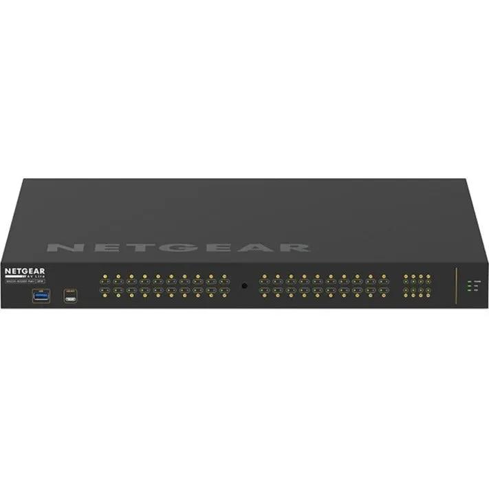 NETGEAR M4250 40G PoE+ switch, AV Line, black rack-mountable switch with front-panel ports and LEDs