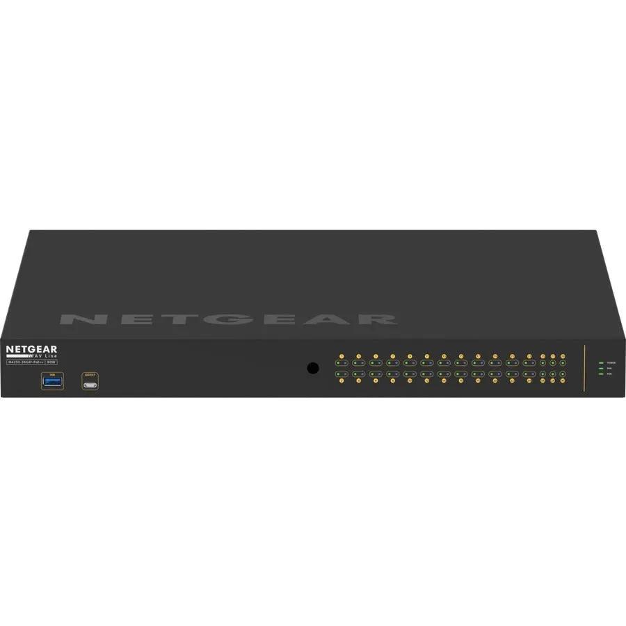 Netgear AV Line M4250 26-Port Gigabit PoE++ SFP Managed Switch front view, black chassis