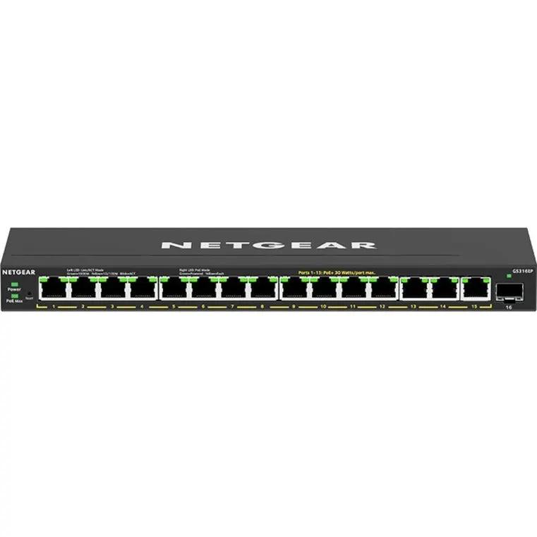 NETGEAR Plus GS316EP 16-port Gigabit PoE+ switch, front view
