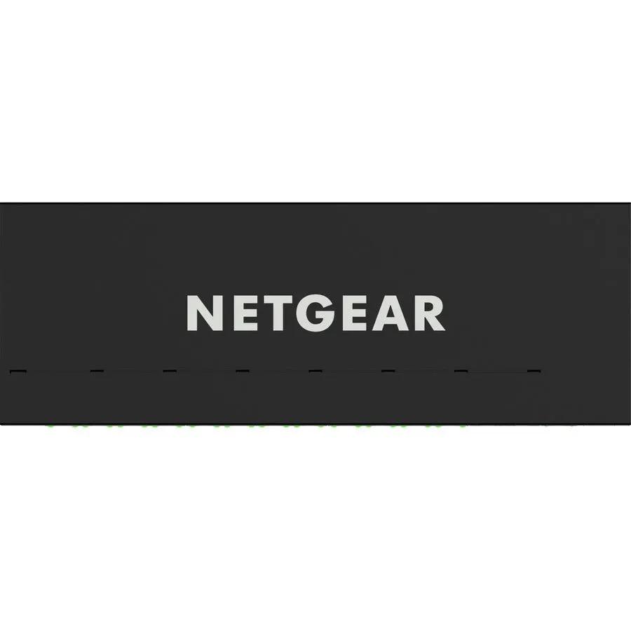 NETGEAR switch panel with a prominent NETGEAR logo on a dark surface