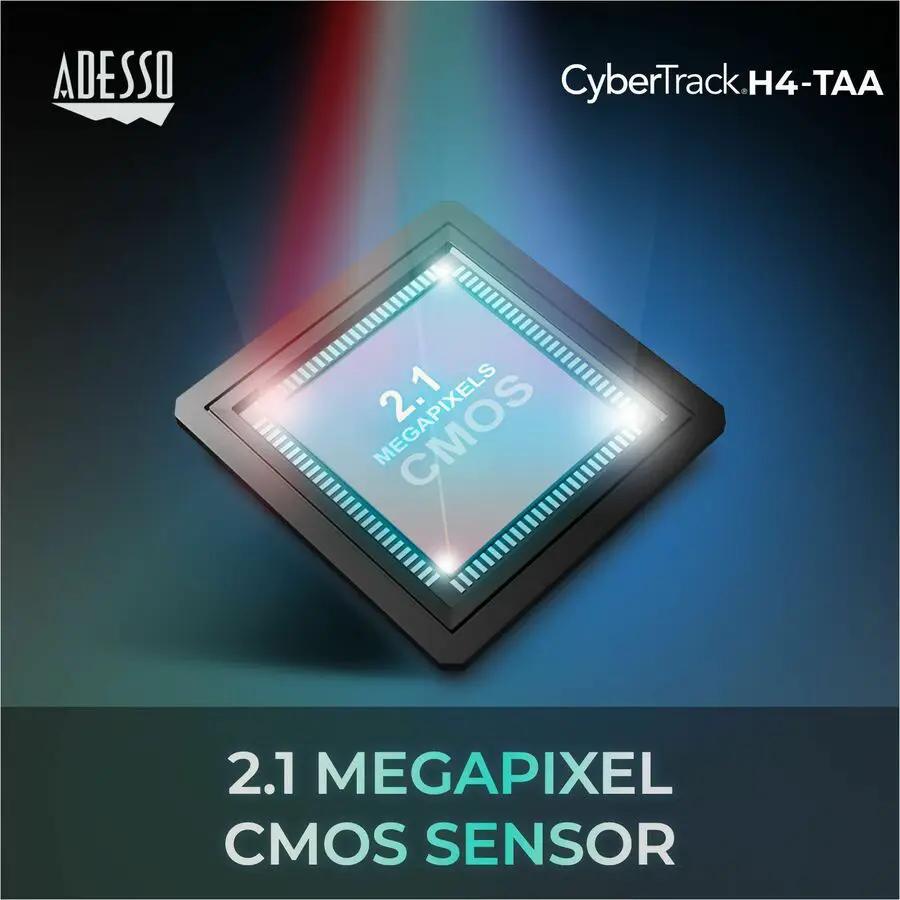 Webcam by Adesso on a dark gradient background; shows 2.1 MP CMOS sensor graphic and Adesso logo