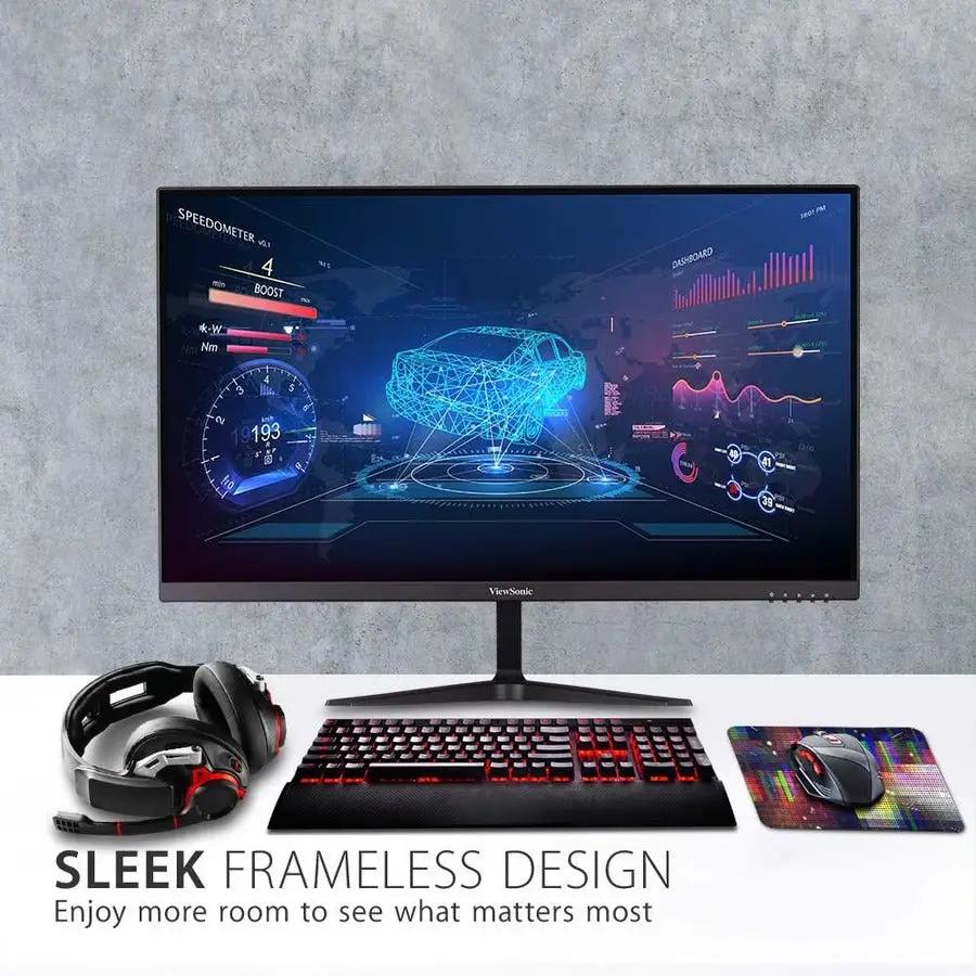 ViewSonic VX2718MHD 27-inch frameless gaming monitor, 1080p, 165Hz; keyboard, mouse, and headset on desk