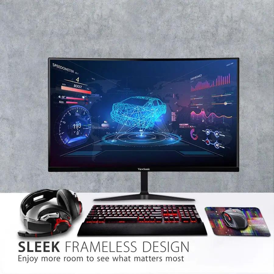 ViewSonic OMNI VX3218 MHD 32-inch monitor on desk with black keyboard, mouse, and headset.