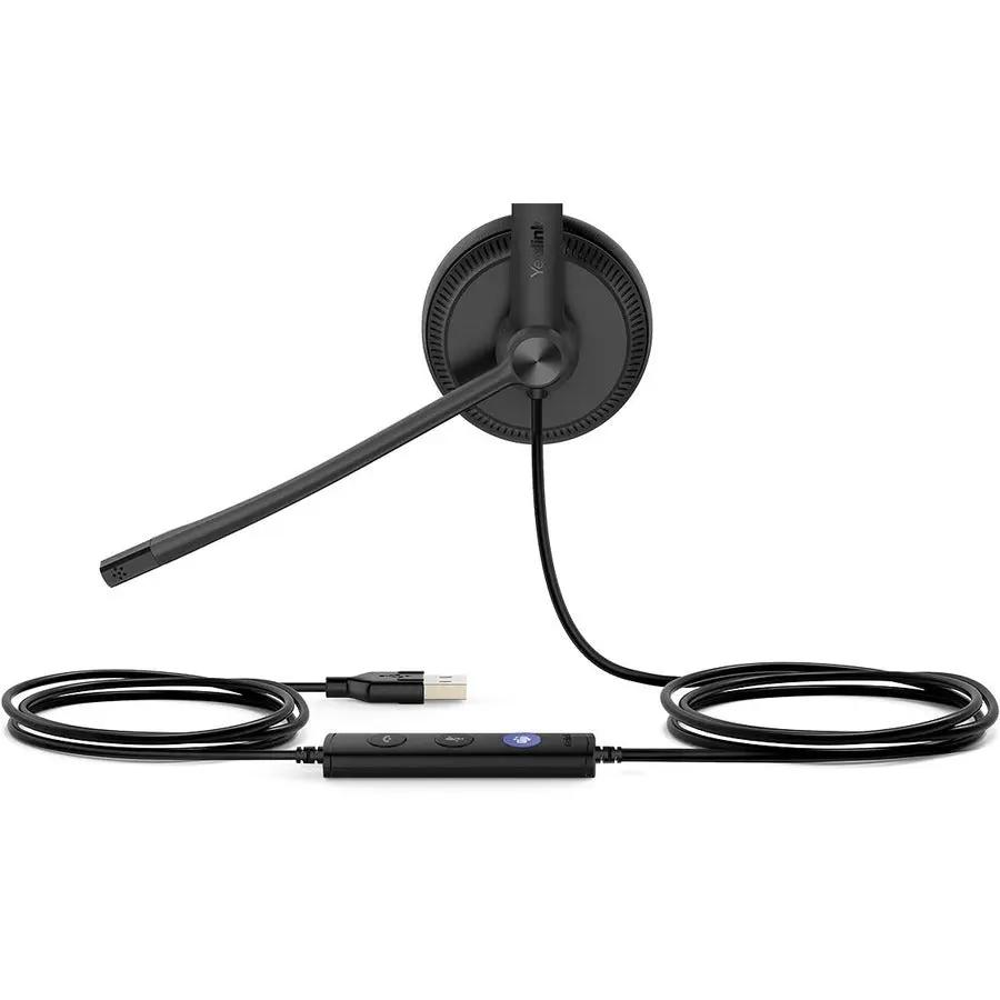 Yealink UH34 Mono UC USB headset with inline control in black on white background