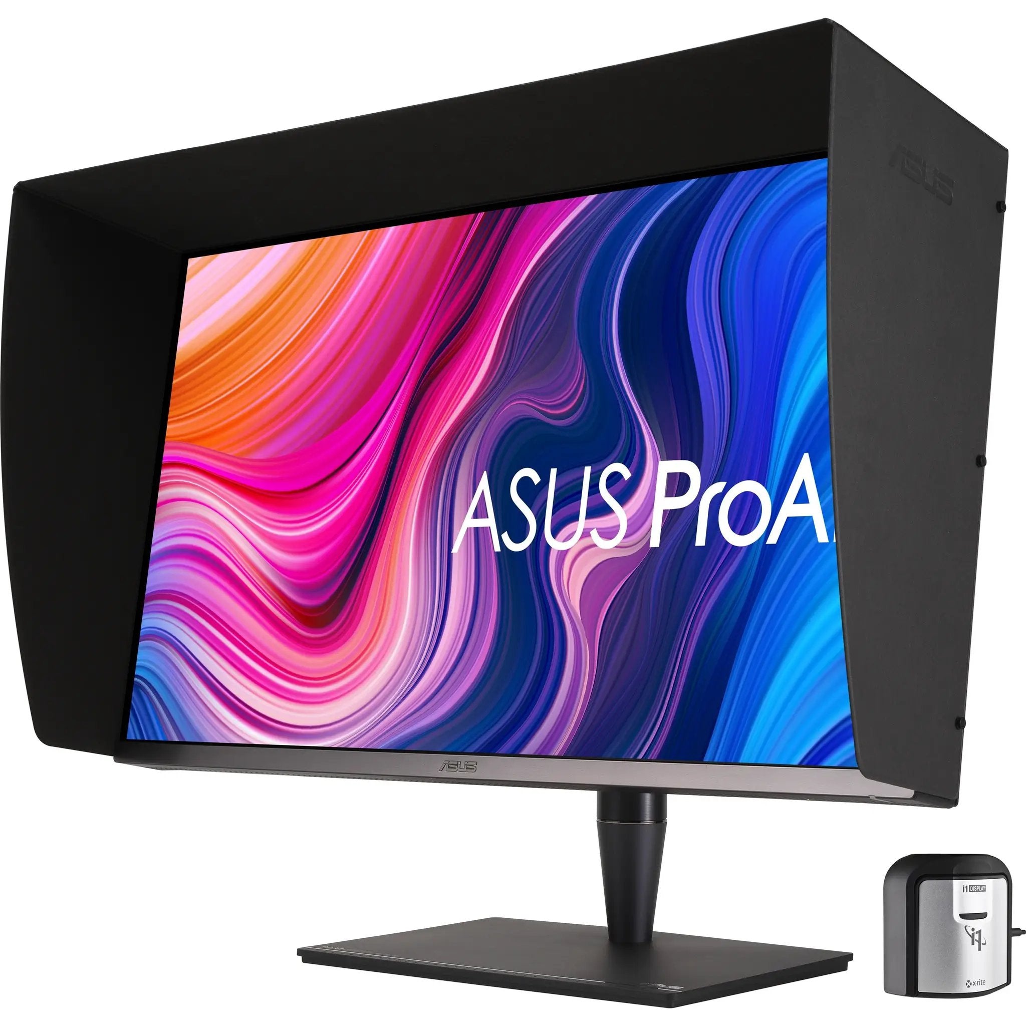 ASUS ProArt PA32UCG-K 32-inch 4K monitor on black stand with X-Rite calibrator