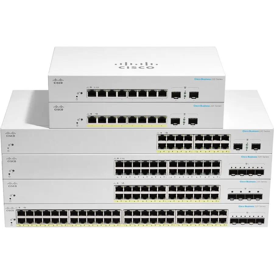 Cisco CBS220 24-Port Gigabit PoE Switches set of five in white/gray metal enclosures