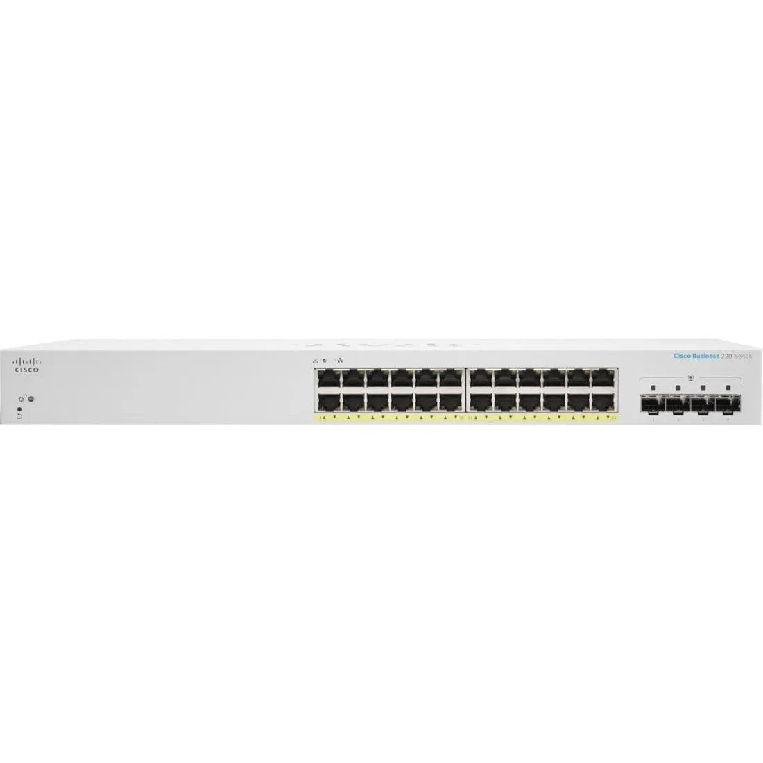 Cisco CBS220 24-Port Gigabit PoE SFP switch with 4 SFP uplinks in white by Cisco Systems, Inc.