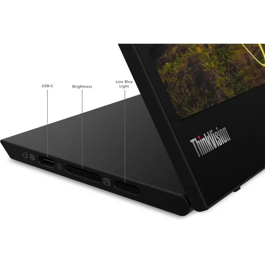 Lenovo ThinkVision M15 16-inch Full HD monitor on its stand in raven black with side USB-C and brightness controls.