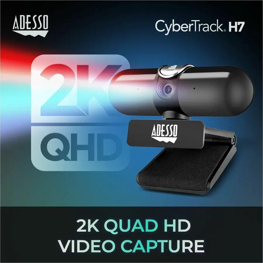 Adesso CyberTrack H7 webcam with clip-on base on a product ad background showing 2K QHD