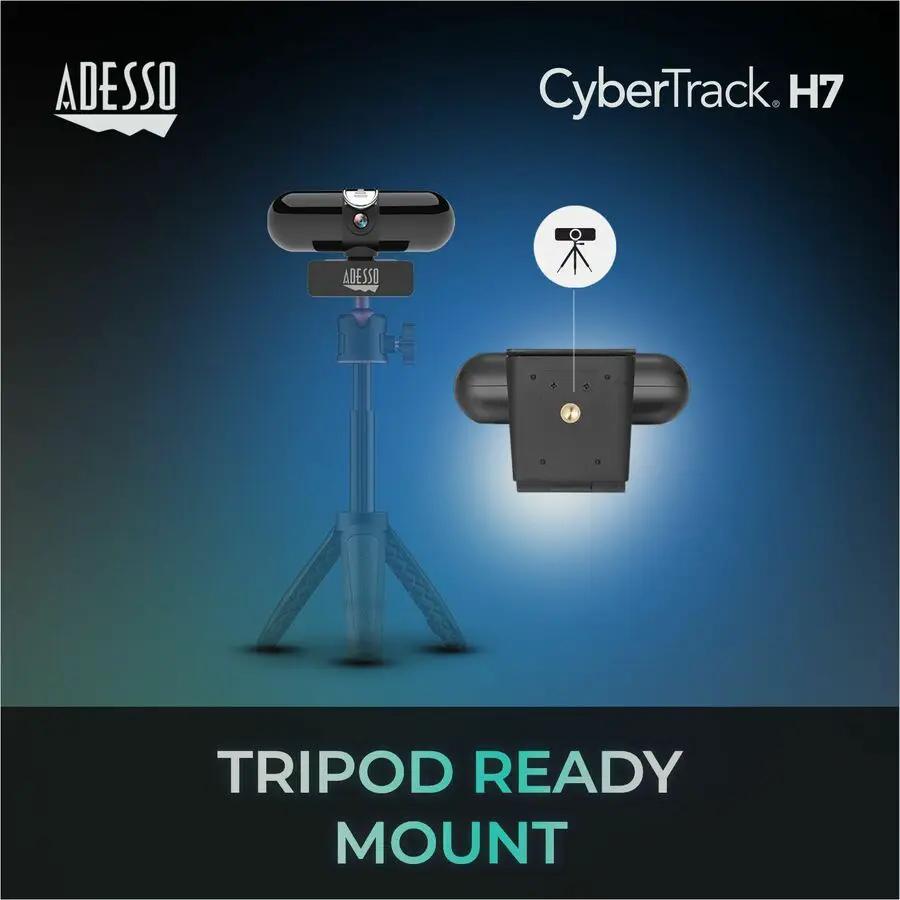 Adesso CyberTrack H7 webcam mounted on a tripod mount with stand and accessories