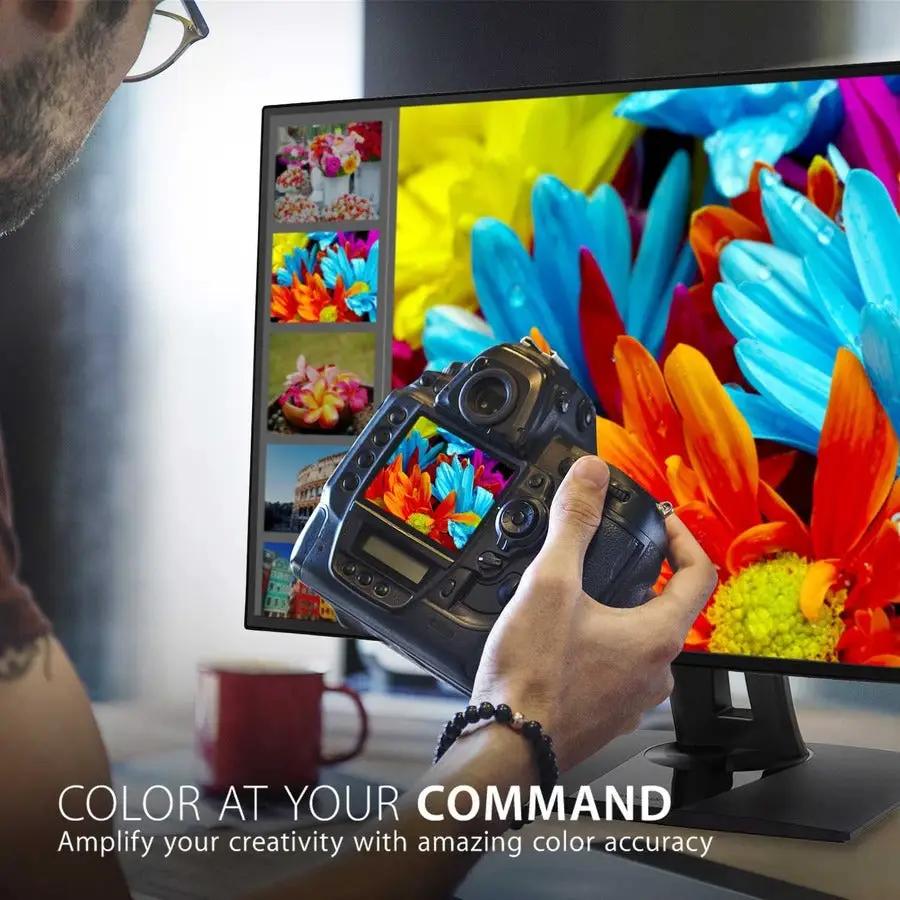ViewSonic VP2768A 27-inch 4K IPS monitor on desk; camera in foreground.