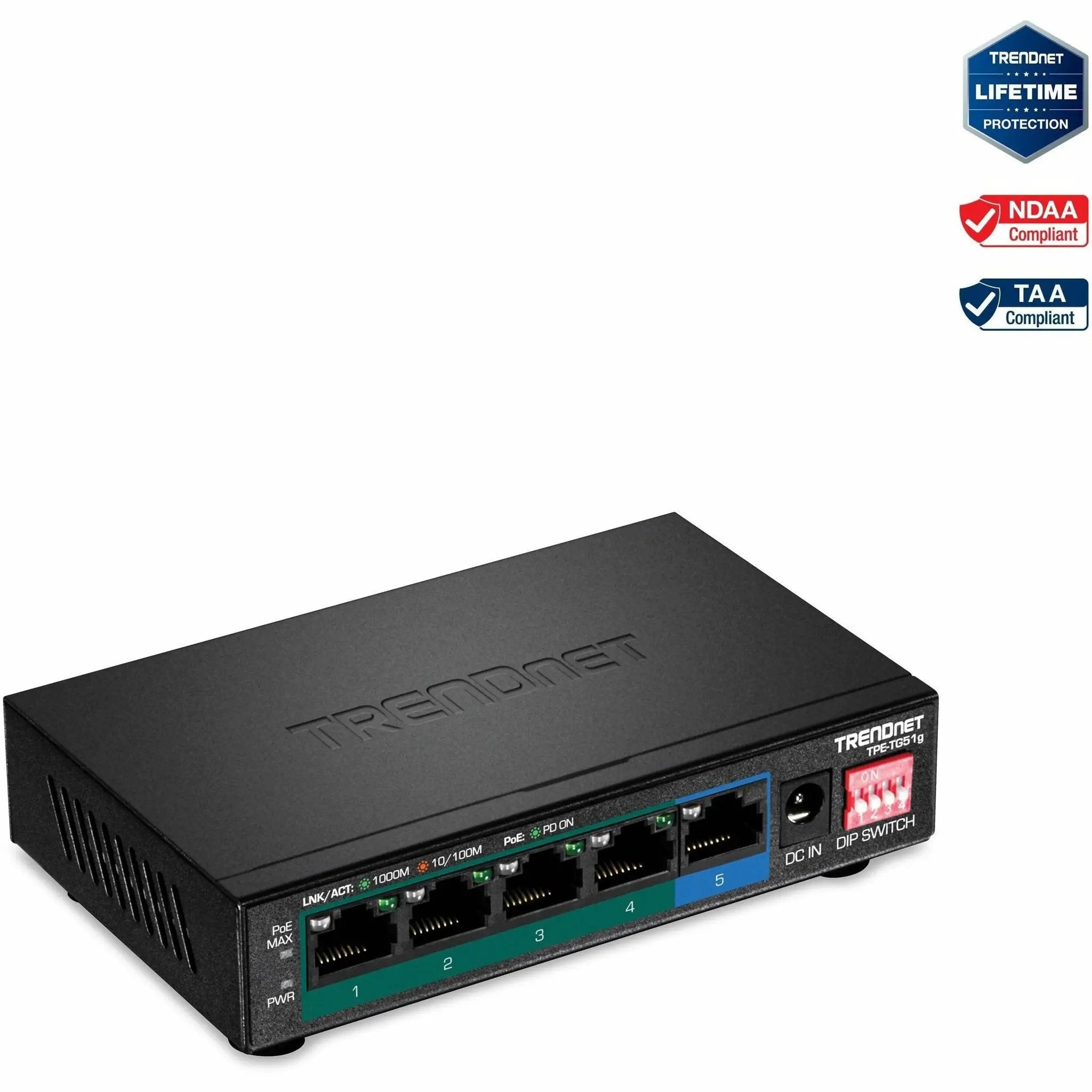 TRENDnet TPE-TG51g 5-Port Gigabit PoE Switch, black, on a white studio backdrop.