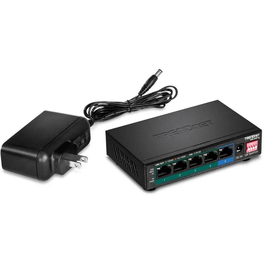 TRENDnet TPE-TG51g 5-Port Gigabit PoE switch and power adapter, black