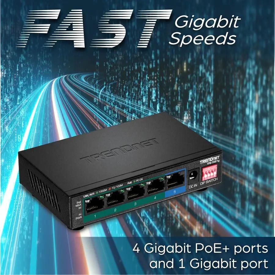 TRENDnet TPE-TG51g 5-Port Gigabit PoE Switch, black, on blue abstract background