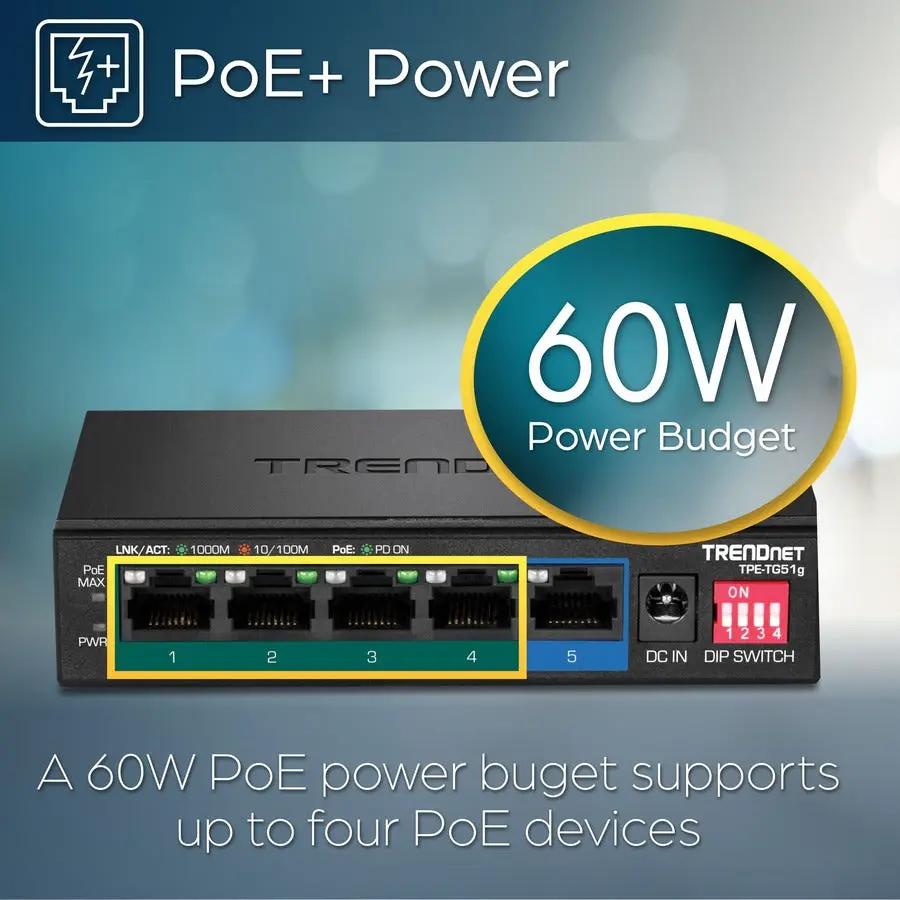 TRENDnet TPE-TG51g 5-Port Gigabit PoE Switch, black with 60W power budget, on a blue gradient backdrop.