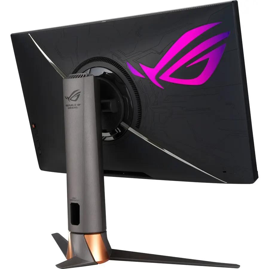 ASUS ROG Swift PG279QM 27-inch gaming monitor on stand, rear view with purple ROG logo