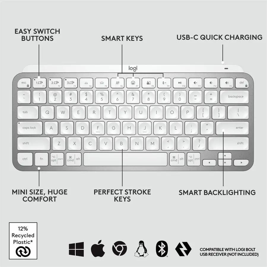 Logitech MX Keys Mini Minimalist Wireless Illuminated Keyboard, Compact, Bluetooth, USB-C, Pale Gray