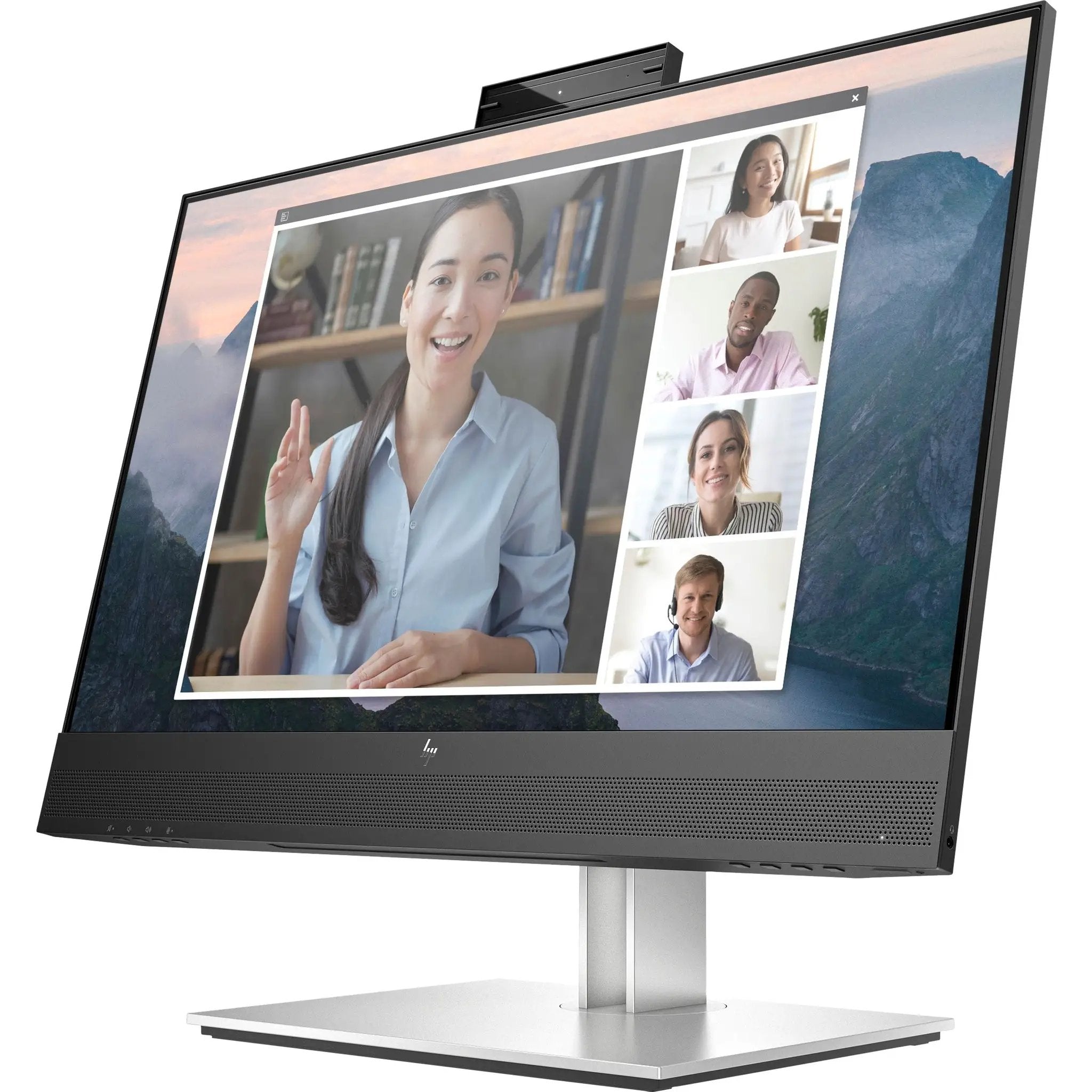 HP E24mv G4 Class 24-inch Full HD LCD monitor with integrated webcam on a silver stand