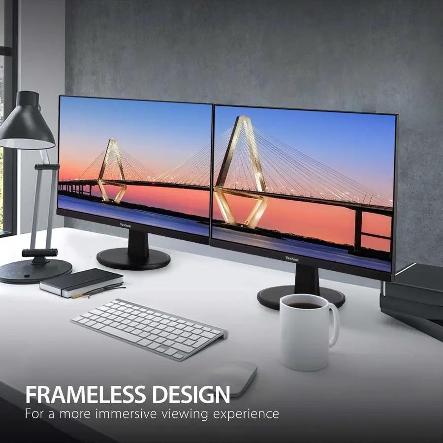 ViewSonic VA2247MH 22-inch frameless Full HD monitors, dual setup on a desk with keyboard and mug