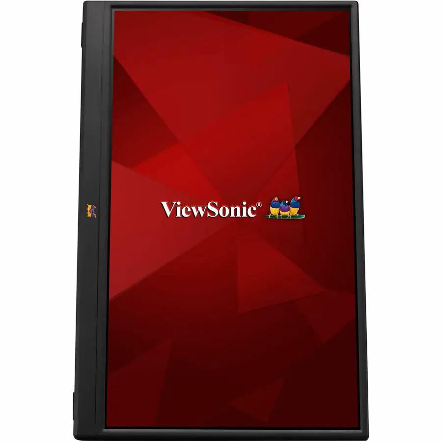 ViewSonic VA1655 15.6-inch IPS monitor with black bezel and red wallpaper displaying the ViewSonic logo