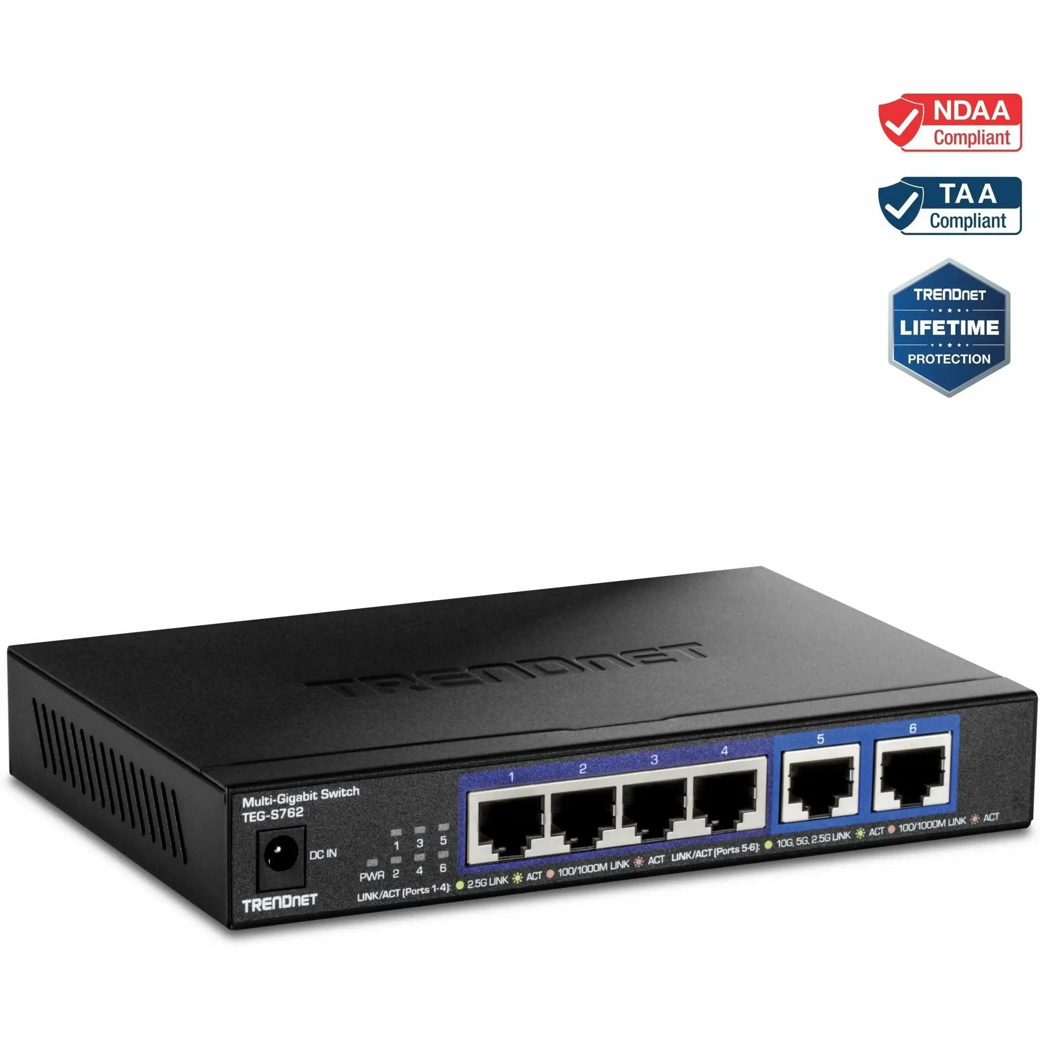TRENDnet 6-Port 10GbE unmanaged switch, black with blue port labels; front panel shows ports 1–6.