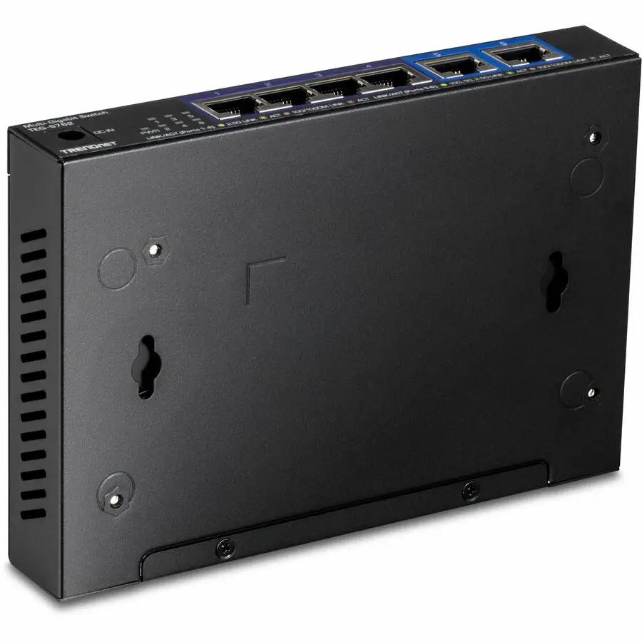 TRENDnet TEG-S762 6-Port 10GbE unmanaged switch, black with blue port panel, wall-mountable