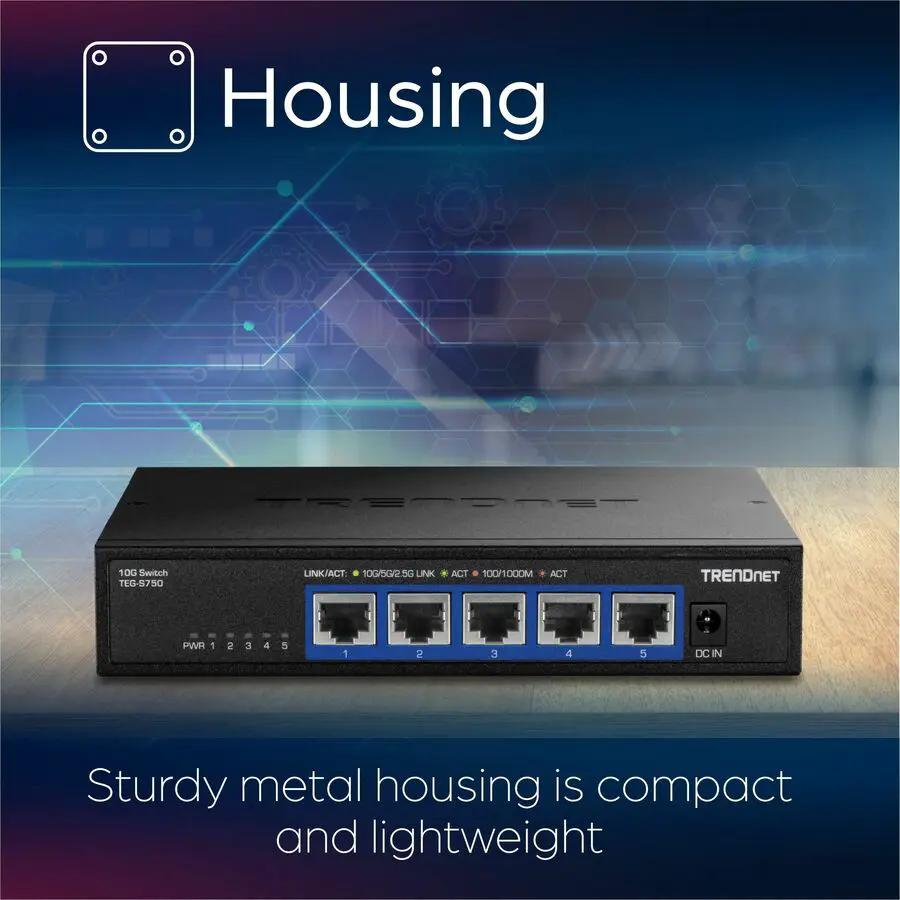 TRENDnet TEG-S750 5-Port 10GbE unmanaged switch in black metal housing