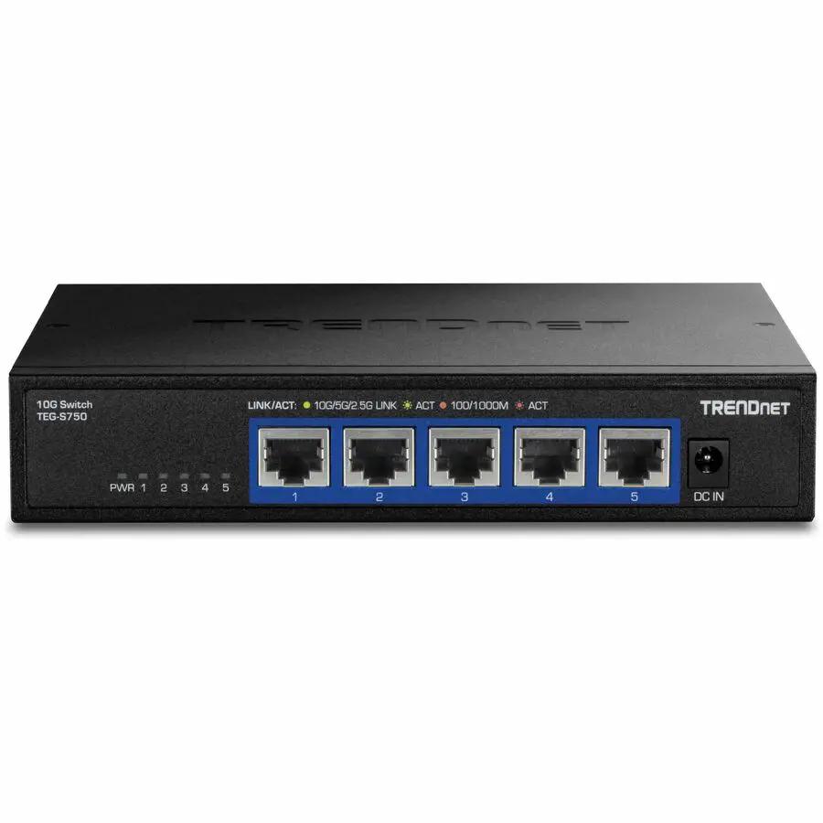 TRENDnet TEG-S750 5-Port 10GbE unmanaged switch, black enclosure with blue port trim