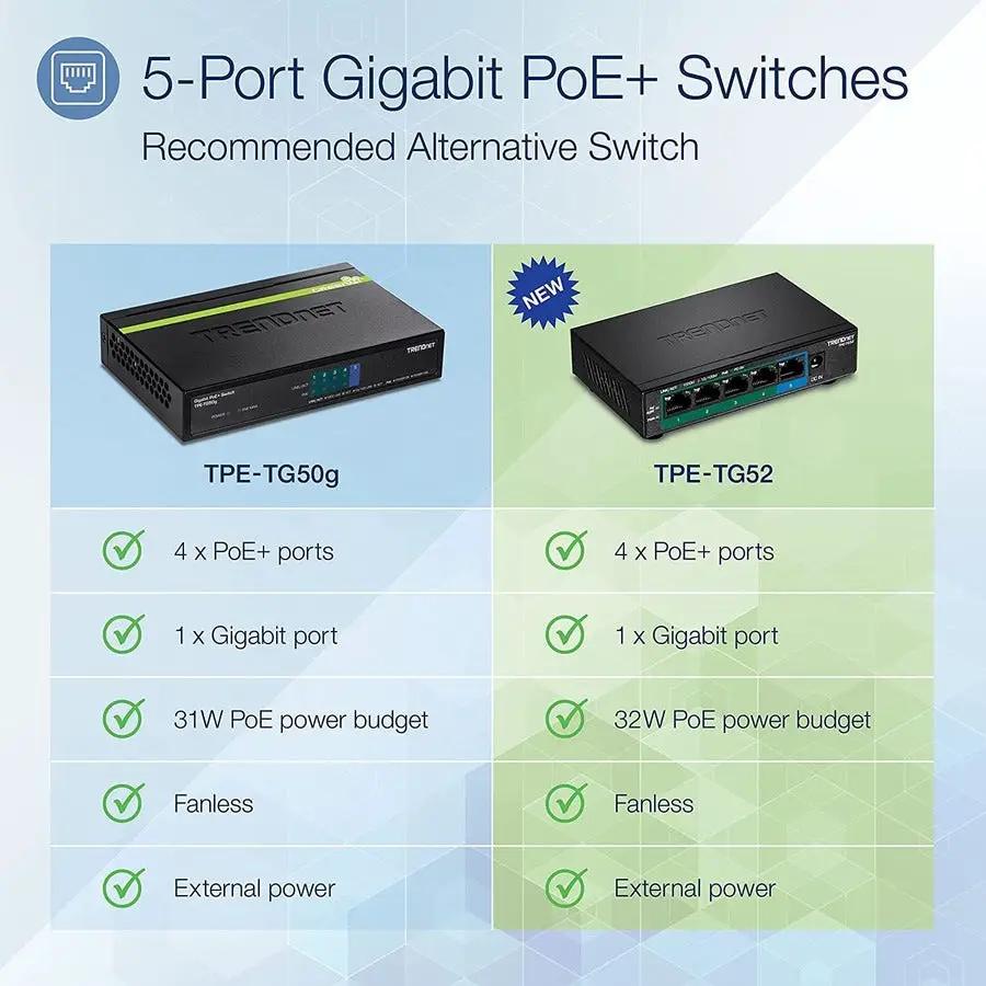 TRENDnet 5-Port Gigabit PoE+ Switches: TG52 and TG50g, two black units shown in a product comparison chart
