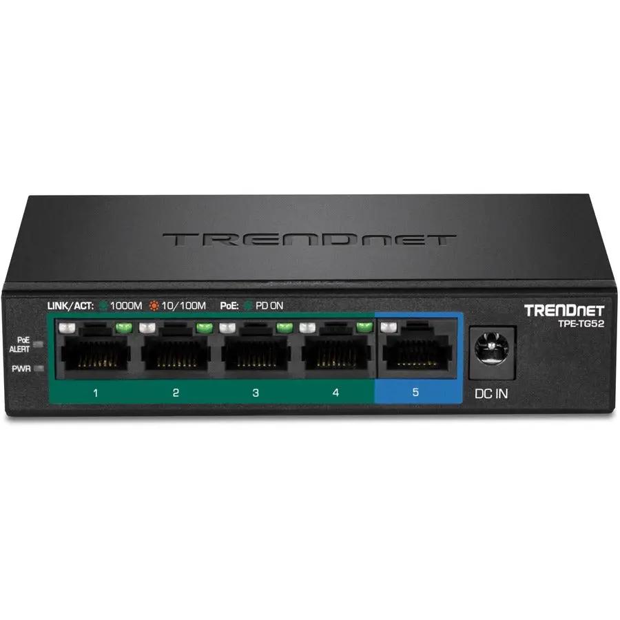 TRENDnet TPE-TG52 5-Port Gigabit PoE+ Switch, black with five RJ-45 ports and DC input