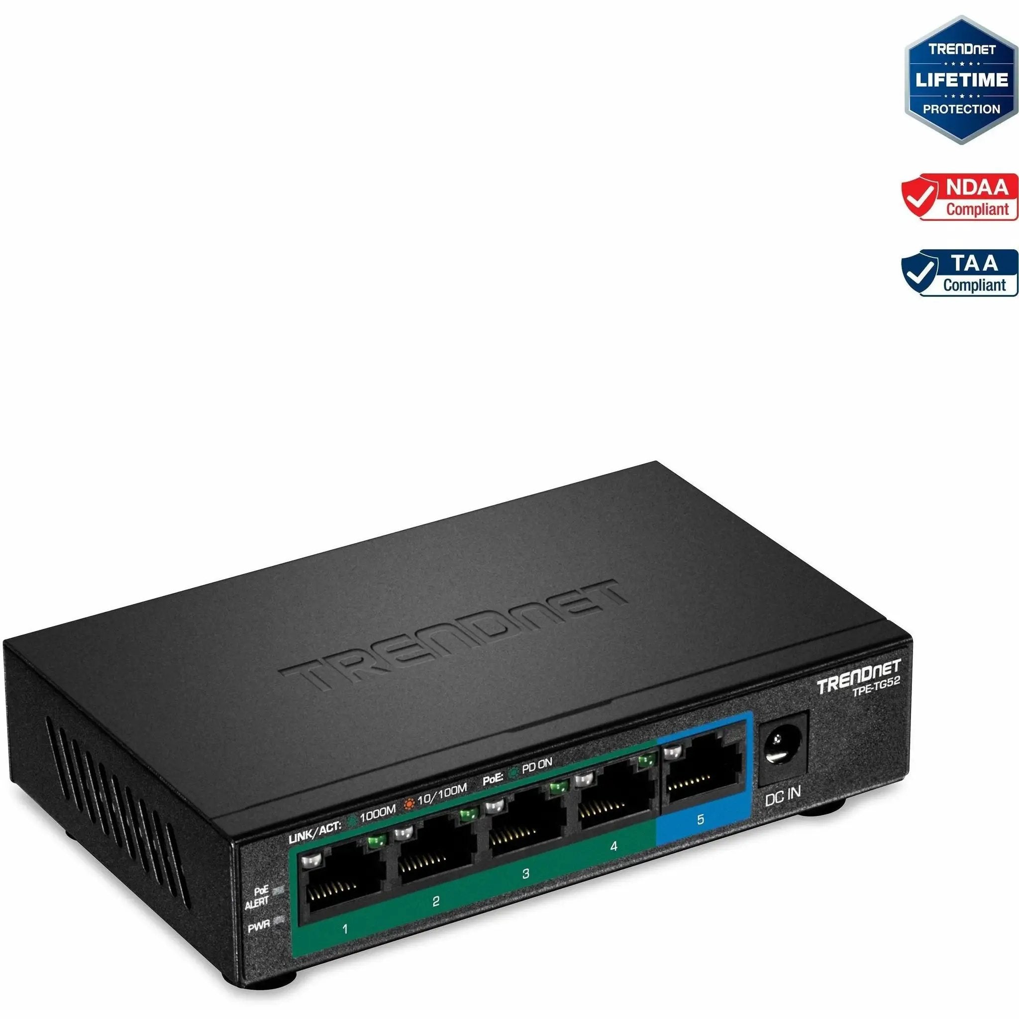 TRENDnet TPE-TG52 5-Port Gigabit PoE+ Switch, black with 5 RJ-45 ports