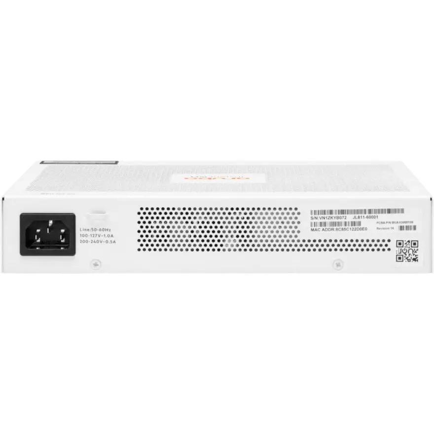 HPE Instant On 1830 8-Port Gigabit PoE Switch, white enclosure with rear power inlet and ventilation