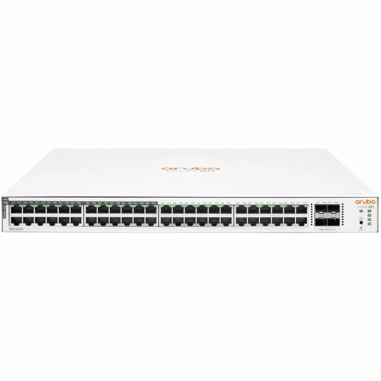 Aruba Instant On 1830 48-port PoE+ SFP managed switch, white rack-mount network device with 4 SFP uplinks.