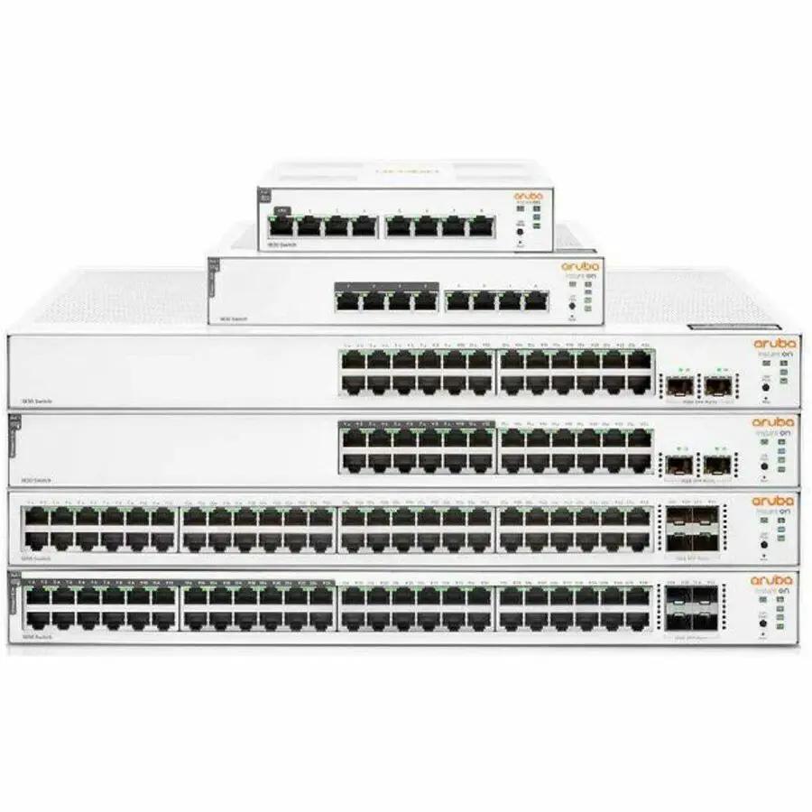 Aruba Instant On 1830 48-port PoE SFP managed switches, stacked white units.