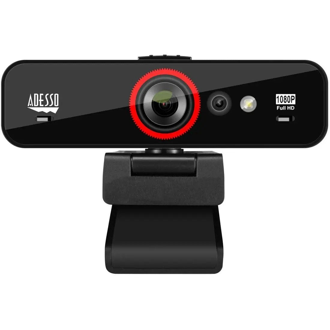 Adesso CyberTrack F1 webcam, black with red ring around the lens, mounted on a stand, 1080p Full HD.