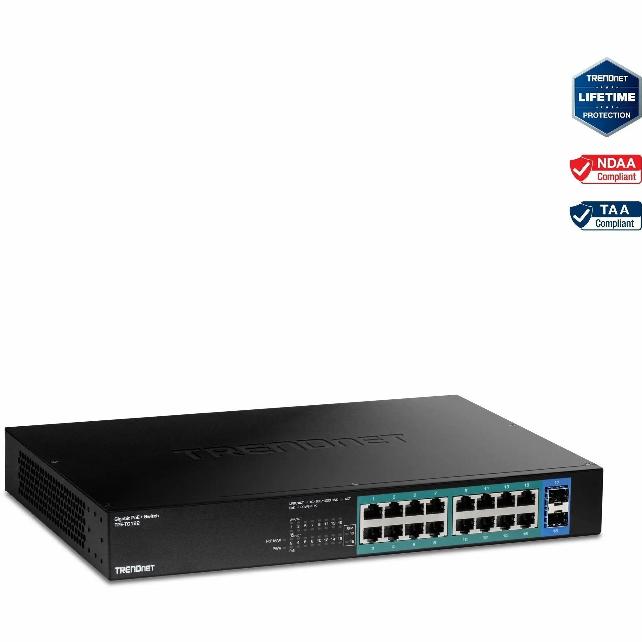 TRENDnet TPE-TG182 18-Port Gigabit PoE+ Switch with 2 SFP ports, black rack-mountable