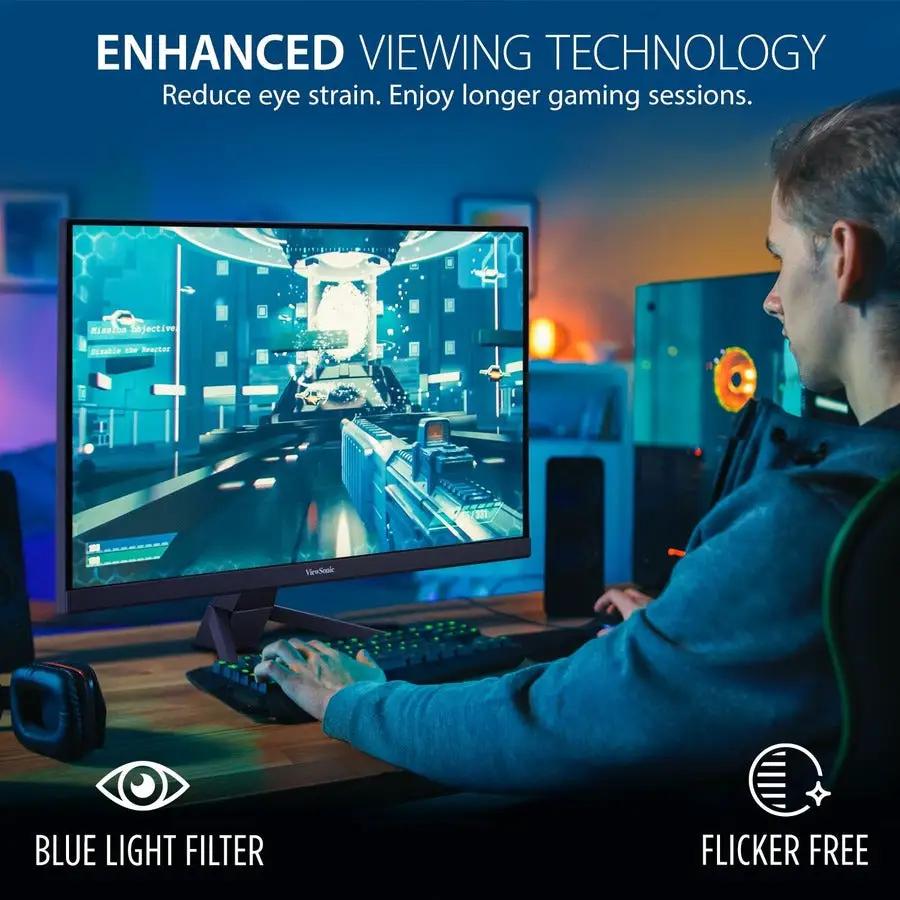 ViewSonic VX2267-MHD 22-inch monitor on desk with blue light filter and flicker-free icons