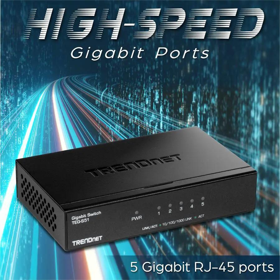 TRENDnet TEG-S51 5-Port Gigabit Unmanaged Switch, black desktop metal enclosure