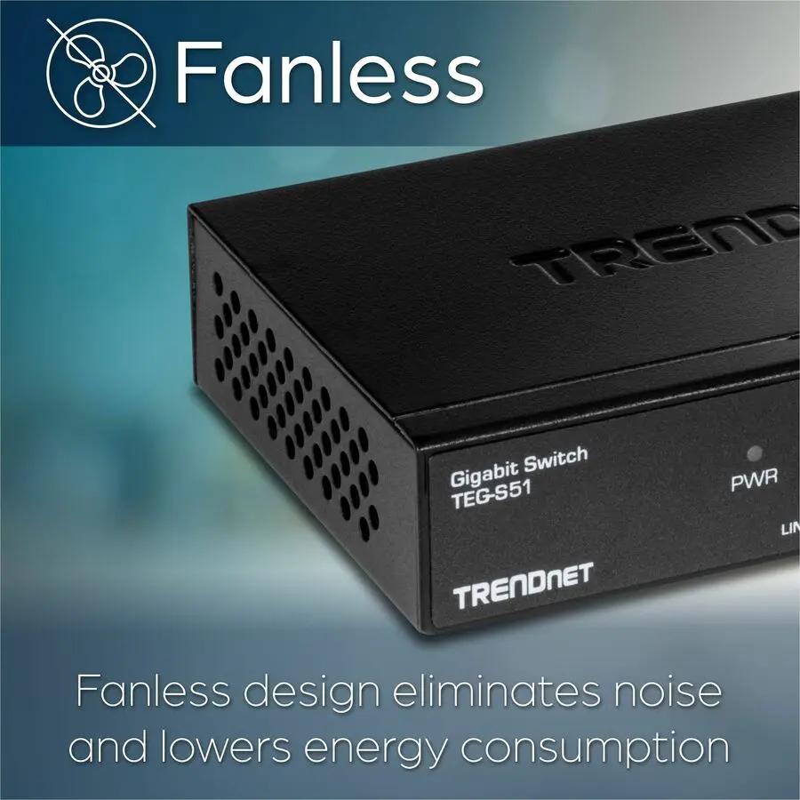 TRENDnet TEG-S51 5-Port Gigabit Unmanaged Switch, fanless black metal enclosure