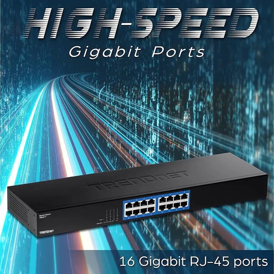 TRENDnet TEG-S17 16-Port Gigabit Unmanaged Switch in black metal enclosure with 16 blue-bordered RJ-45 ports