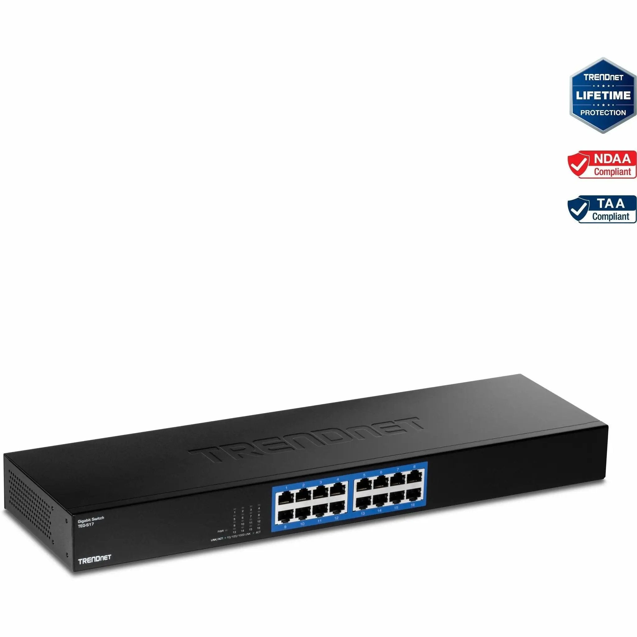 TRENDnet TEG-S17 16-Port Gigabit Unmanaged Switch in black metal enclosure with blue port labeling