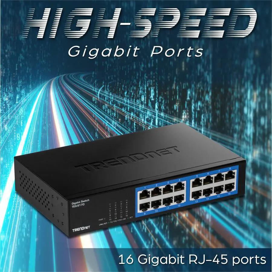 TRENDnet TEG-S17D 16-Port Gigabit Unmanaged Switch, black with 16 RJ-45 ports