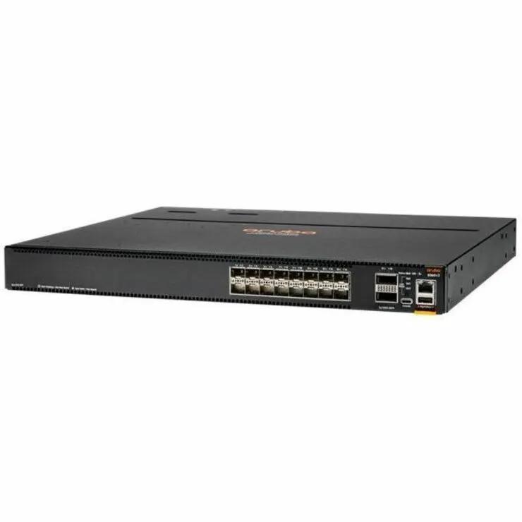 Aruba CX 8360v2 48-Port SFP managed switch, black metal chassis, on white background.